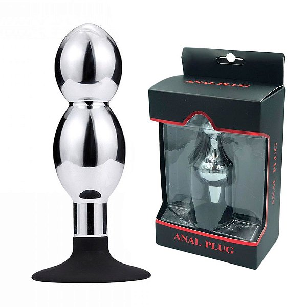 Plug Anal em Alumínio Polido com 2 Esferas que Aumenta a Largura Gradualmente e Ventosa em Silicone