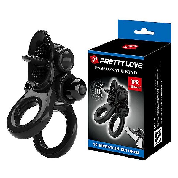 Pretty Love Passionate Ring - Anel Peniano Duplo Para Pênis E Escroto Com Estimulador De Clitóris E Vibração - 8 X 2 Cm