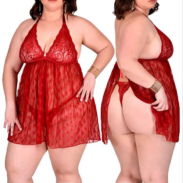 Camisola Vida Rendada e Tule Bordado Plus Size Vermelho - Lingerie Sensualle