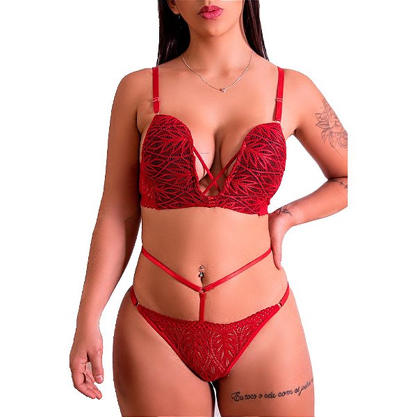 Conjunto Sutiã Decotado Detalhe em Strappy E Calcinha Renda - Lingerie Fascino