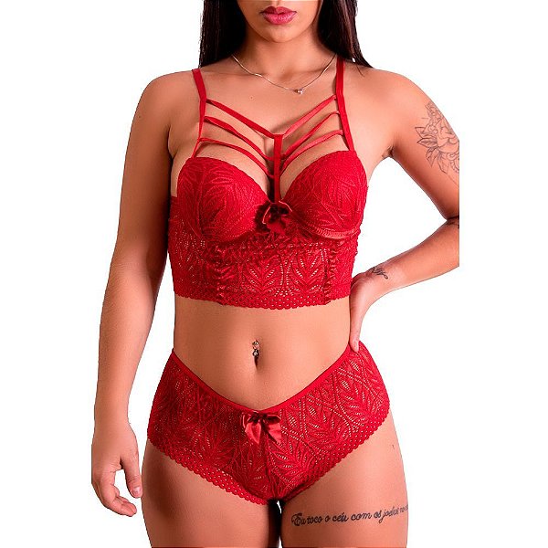 Conjunto Renda Cropped Strappy Caleçon Florido - Lingerie Fascino