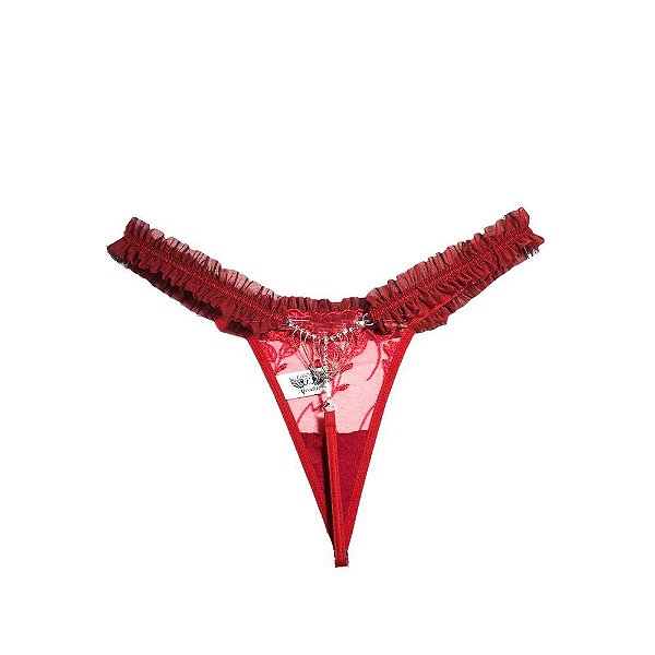 Calcinha Fio Dental Em Tule Floral Com Strass Vermelho - EROSS AFRODITE