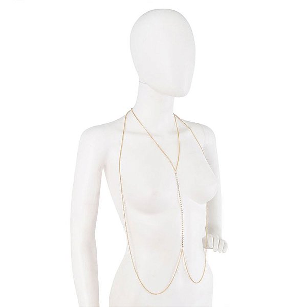 Colar de Corpo com Corrente Dourada e Strass Elegante