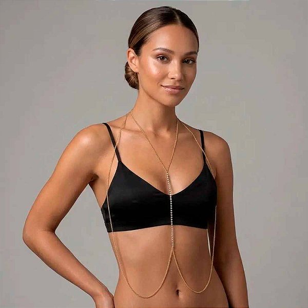 Colar de Corpo com Corrente Dourada e Strass Elegante - Body Chain Sofisticado
