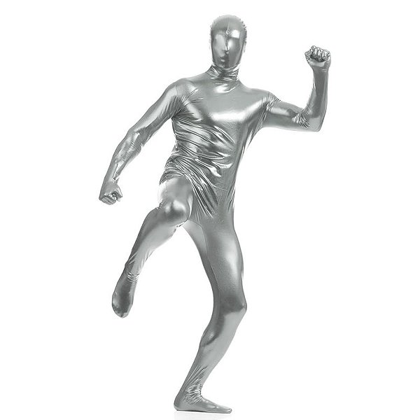 Macacão Zentai Prata Brilhante com Zíper nas Costas: Altura Até 1,90m