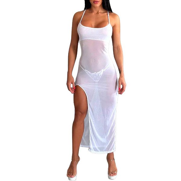 Vestido Lance: Longo em Tule Transparente com Fenda para Arrasar