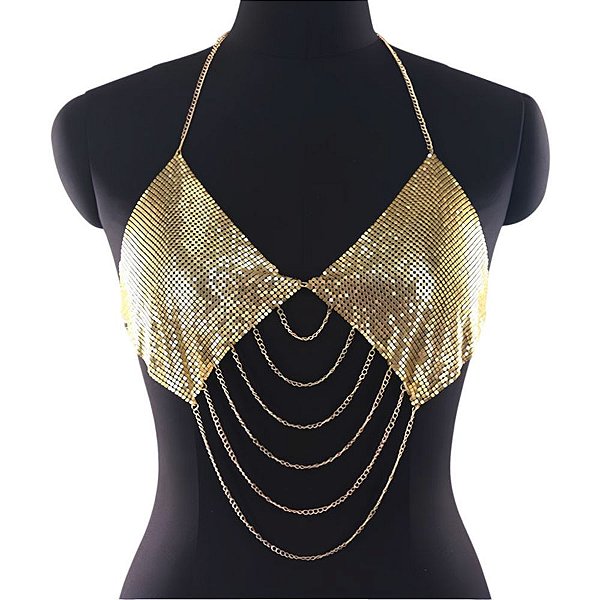 Top Metalizado Dourado com Correntes Decorativas