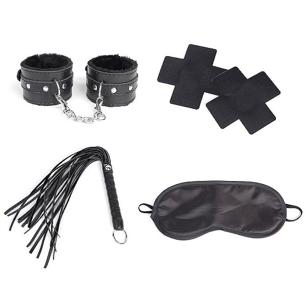 Kit Bondage: Algemas, Venda, Chicote e Adesivo - Peças Essenciais BDSM