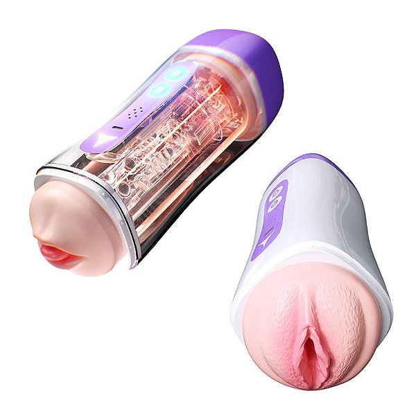 Masturbador Masculino Duplo: Vagina e Boca com Voz Erótica e Vibração