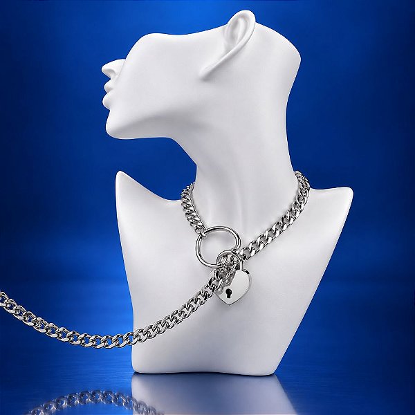 Coleira Choker com Corrente, Coração e Cadeado – Gargantilha BDSM