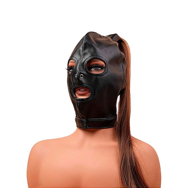 Capuz Máscara Três Aberturas Frontais – Couro PU Com Rabo De Cavalo – Ponytail