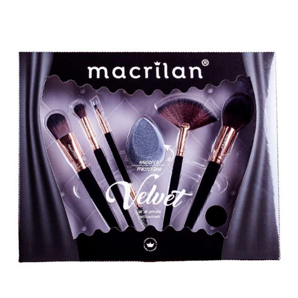 Kit 5 Pincéis e 1 Esponja Microfibra Velvet Macrilan Preto