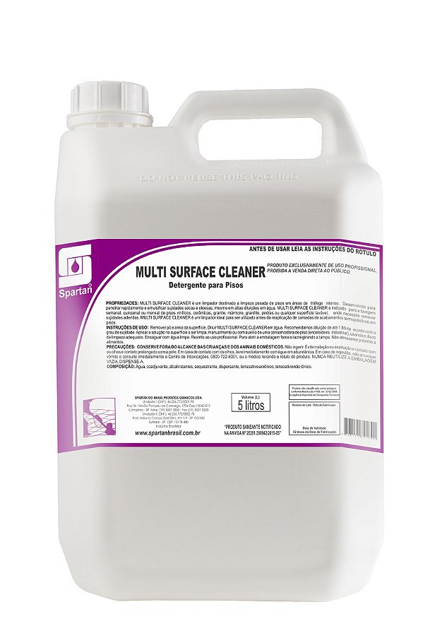 Limpador Alcalino Concentrado Multi Surface Cleaner 5 Litros - Spartan