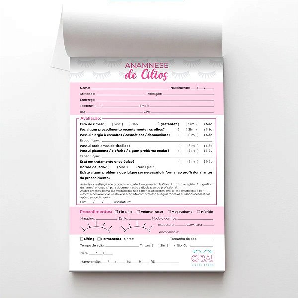 Ficha de Anamnese Cilios- 100 Folhas