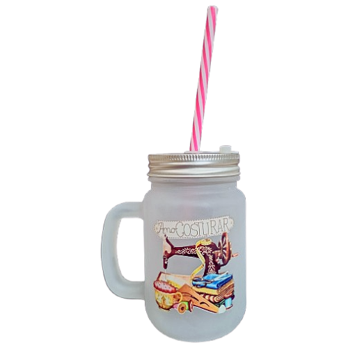 Caneca de Vidro Jateado 400ml com Tampa e Canudo Mason Jar Tema Costura