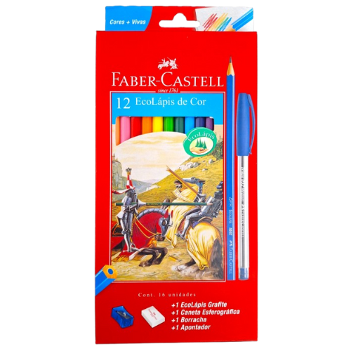 Lápis de Cor 12 Unidades com Borracha Apontador Caneta Faber-Castell