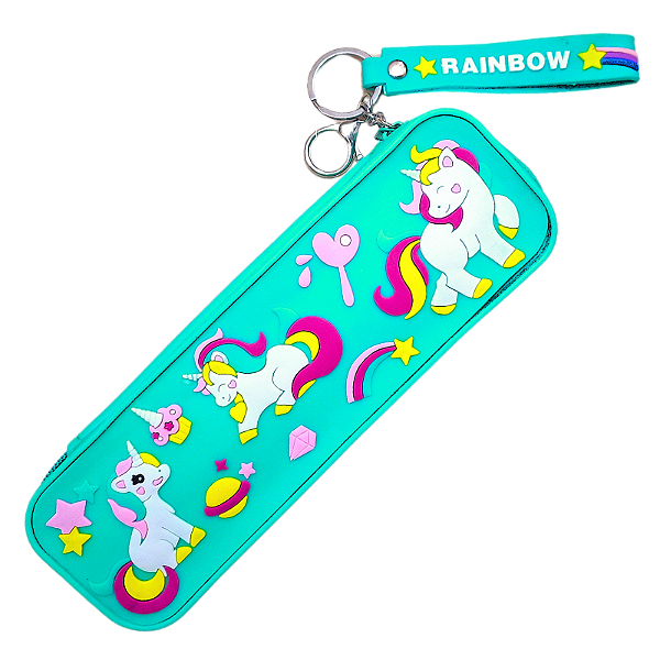 Estojo Escolar de Silicone com Chaveiro Tema Unicórnio 2 Verde