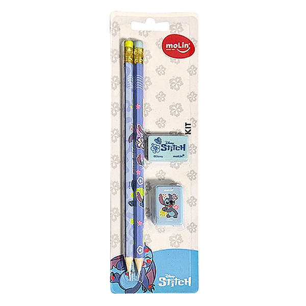 Kit Escolar com Lápis Apontador e Borracha Stitch Disney