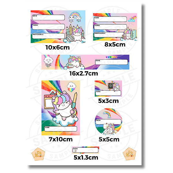 Kit Digital Etiqueta Escolar 7 Tamanhos Tema Kawaii Unicórnio A4