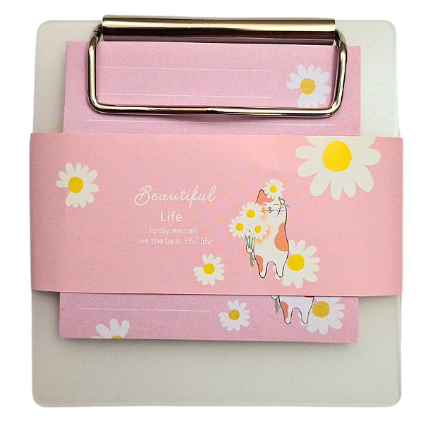 Mini Prancheta com Bloco 40 Folhas Tema Kawaii Gatinho Rosa