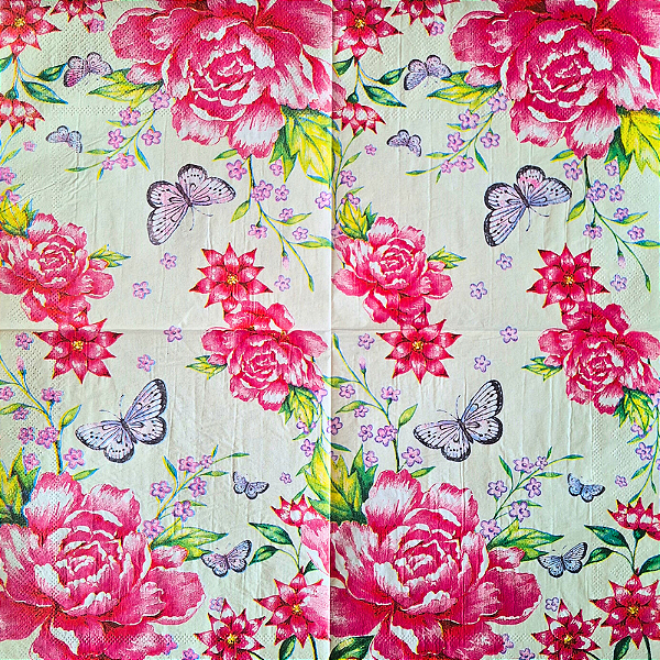 Guardanapo para Decoupage 33x33 Borboletas e Flores Vermelhas