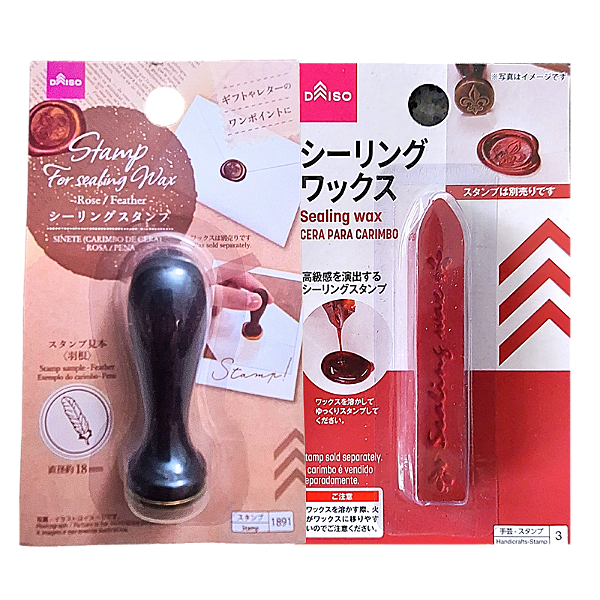Kit Carimbo de Madeira Modelo Pena e Cera Vermelha Daiso