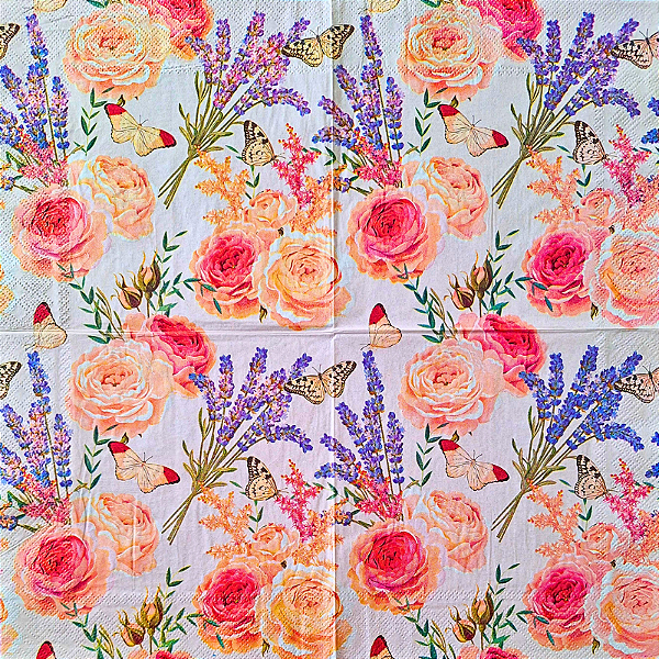 Guardanapo para Decoupage 33x33 Rosas Lavandas Borboletas