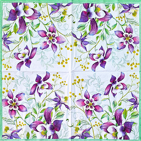 Guardanapo para Decoupage 33x33 Flores Lilás com Borda Verde