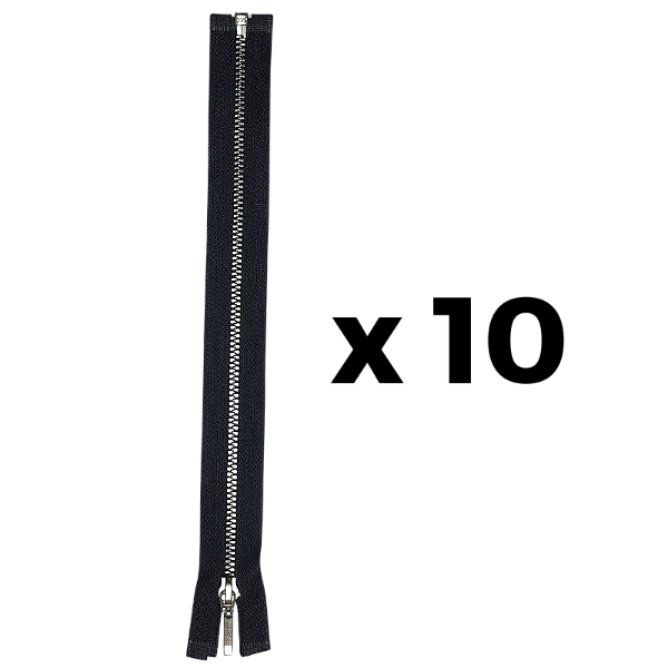 Zíper Preto de Metal com Cursor N°5 Separável 25cm Prata 10 Peças