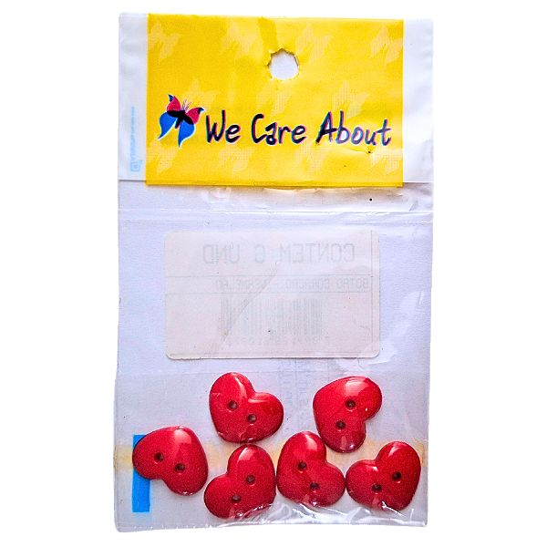 Kit de Botões com 2 Furos para Artesanato Coração Vermelho 6 Peças