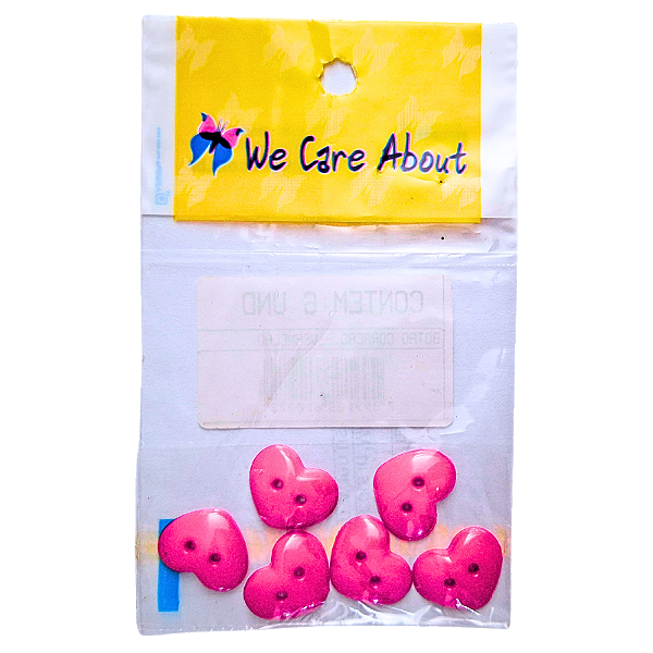 Kit de Botões com 2 Furos para Artesanato Coração Pink 6 Peças