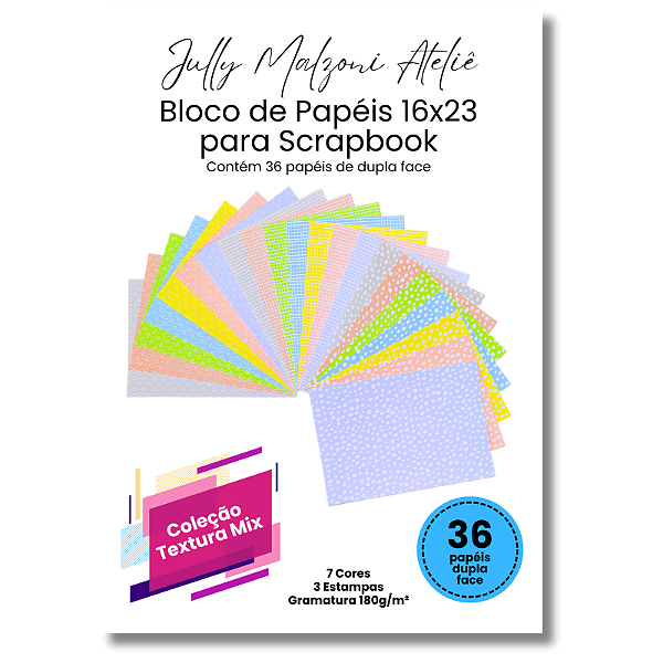 Bloco de Papéis 16x23 para Scrapbook 36 Unidades Coleção Textura Mix