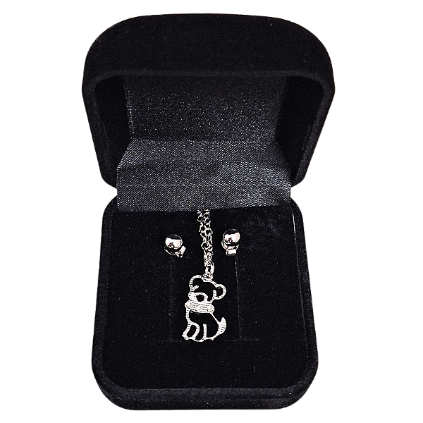Conjunto de Corrente e Brincos Pingente Pet Cachorro Prata
