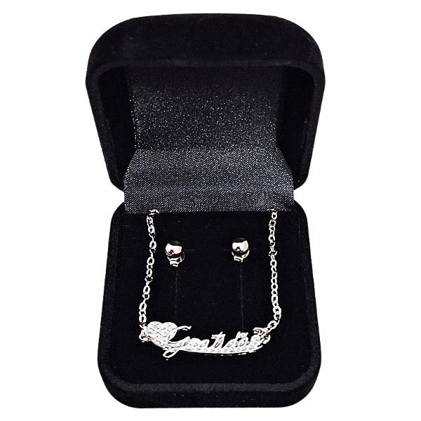 Conjunto de Corrente e Brincos Pingente Gratidão Prata