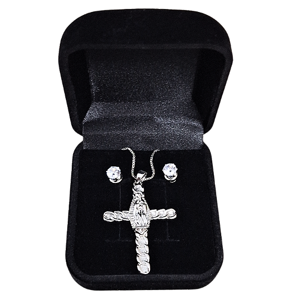Conjunto de Corrente e Brincos Pingente Crucifixo Prata