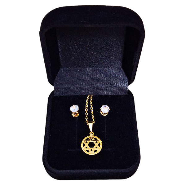 Conjunto de Corrente e Brincos Pingente Estrela de Davi Dourado