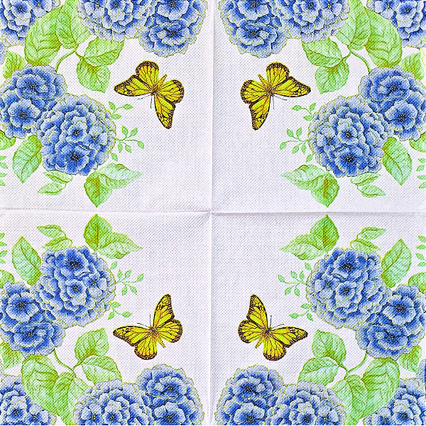 Guardanapo para Decoupage 33x33 Hortênsias Azuis e Borboleta
