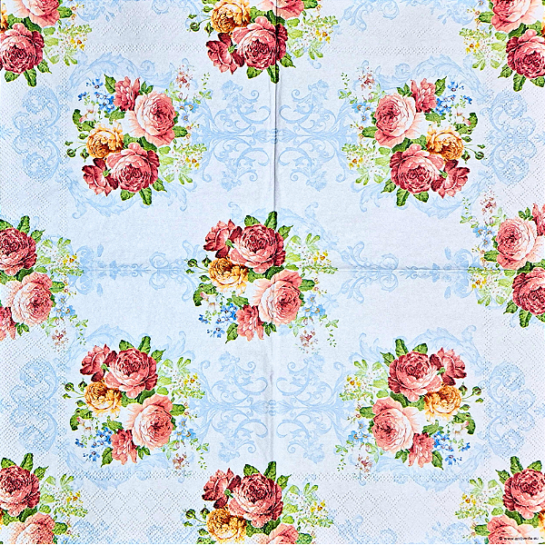 Guardanapo para Decoupage 33x33 Buquê de Rosas em Arabesco Azul