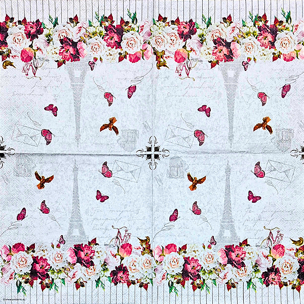 Guardanapo para Decoupage 33x33 Torre Eiffel Vintage com Flores