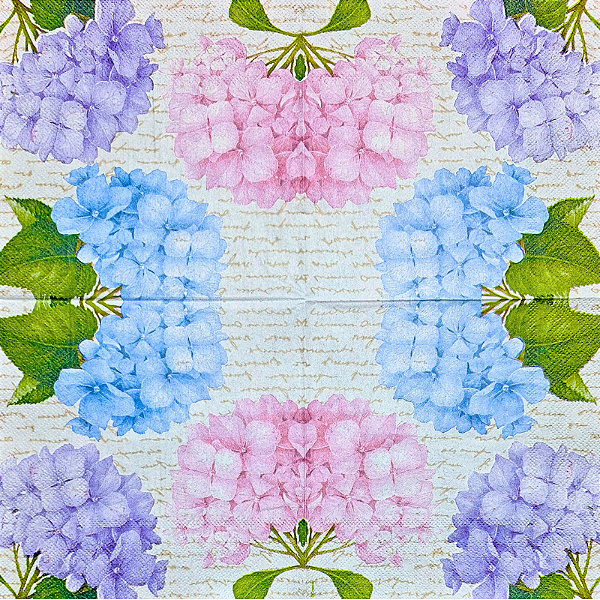 Guardanapo para Decoupage 33x33 Hortênsias Fundo em Escrita