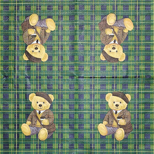 Guardanapo para Decoupage 33x33 Urso Vintage em Fundo Tartan