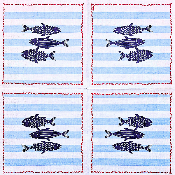 Guardanapo para Decoupage 33x33 Peixes e Listras Azul e Branco