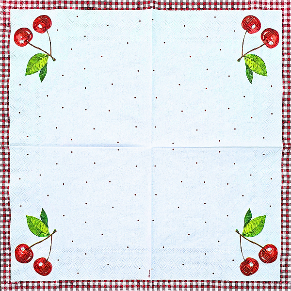 Guardanapo para Decoupage 33x33 Cerejas com Borda Xadrez