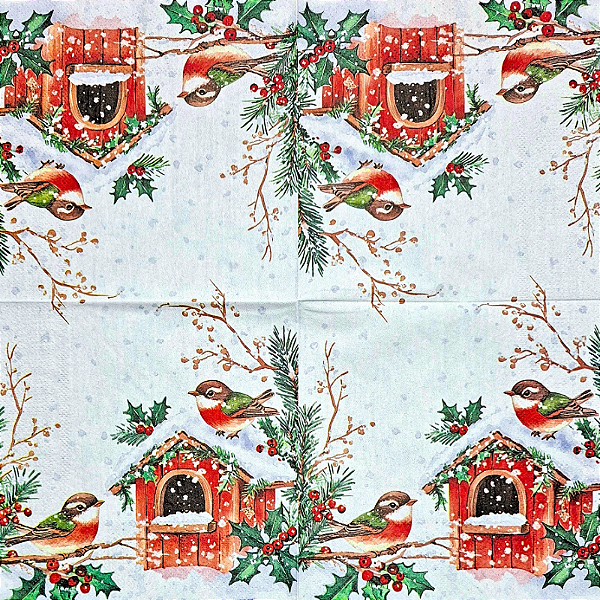 Guardanapo para Decoupage 33x33 Pássaros e Azevinhos na Neve
