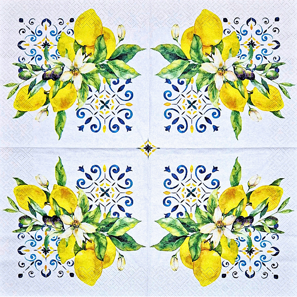 Guardanapo para Decoupage 33x33 Limões Sicilianos Olivas e Azulejo