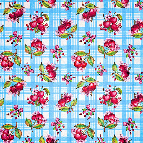 Guardanapo para Decoupage 33x33 Cerejas Fundo Xadrez Azul e Branco