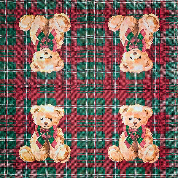 Guardanapo para Decoupage 33x33 Ursinho Fundo Tartan Verde e Vermelho