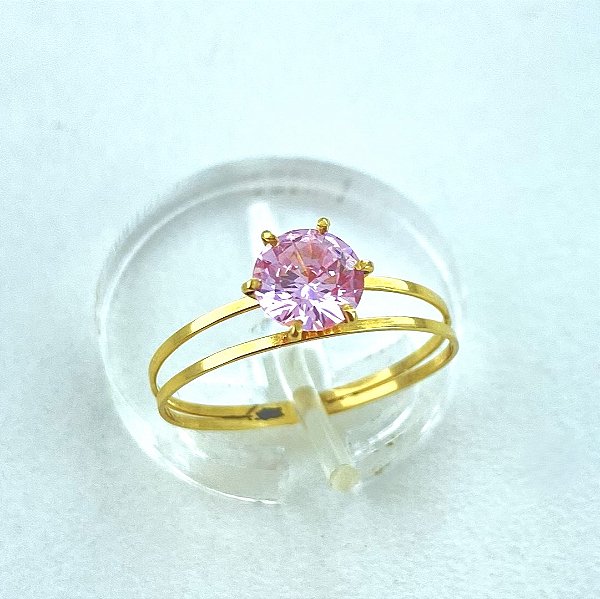 Anel de Ouro 18k Solitário Cálice Aro Duplo com Zircônia Rosa