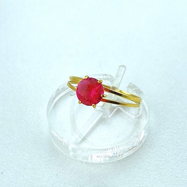Anel de Ouro 18k Solitário Cálice Aro Duplo com Zircônia Vermelho