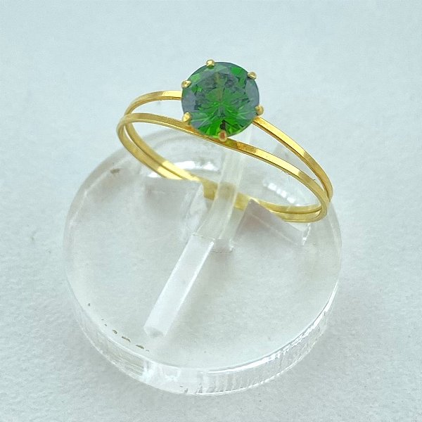 Anel de Ouro 18k Solitário Cálice Aro Duplo com Zircônia Verde